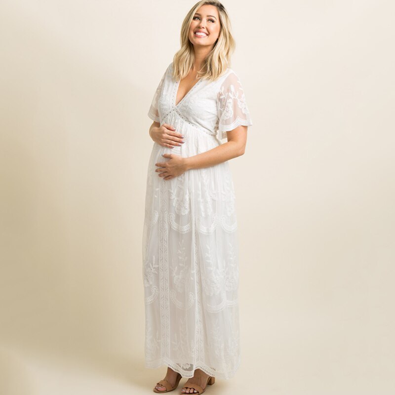 V Neck White Pregnant Maxi Dress