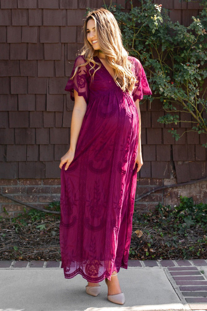 V Neck White Pregnant Maxi Dress