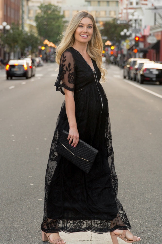 V Neck White Pregnant Maxi Dress