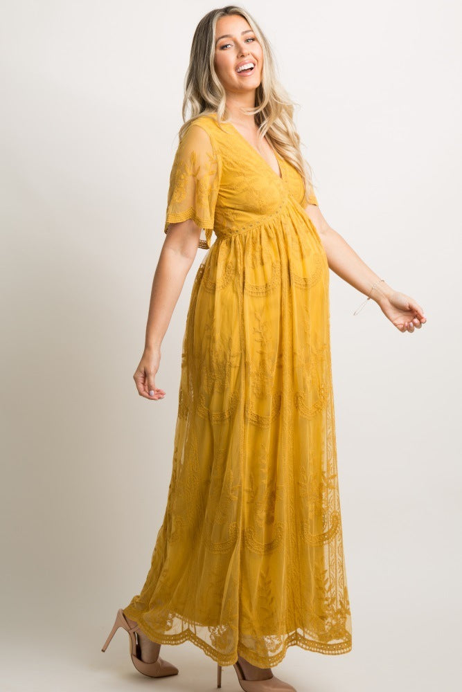 V Neck White Pregnant Maxi Dress